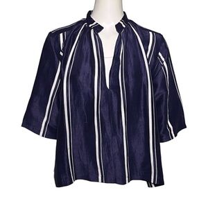 Apiece Apart Agata Stripe Shirred Blouse Top Navy Blue White Silk Linen Size 10